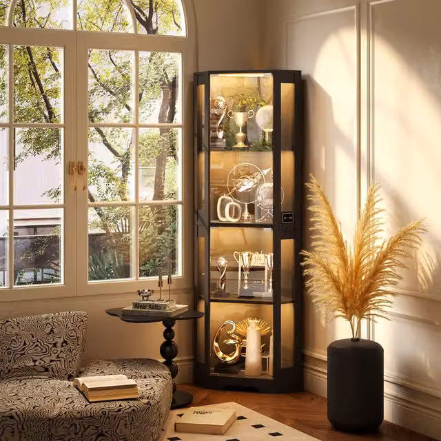 BROTTAR White Corner Glass Display Cabinet with Integrated LED Lighting and Internal Shelves, H 165.1 x W 91.4 x D 55.9 cm