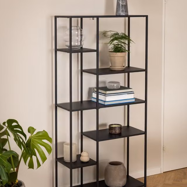 Furniture To Go Newcastle Asymmetrical Industrial Bookcase with 6 Shelves in Matt Black – 1
