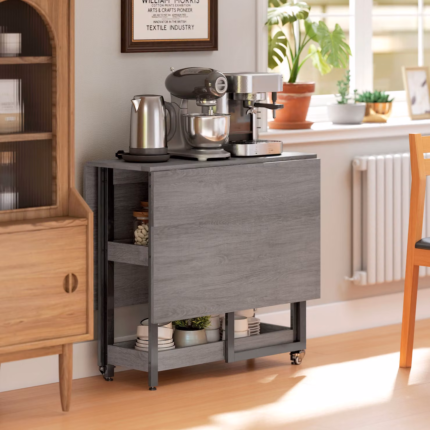 HOMCOM Industrial Grey Folding Dining Table with Drop Leaf and Open Compartments – 7