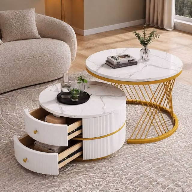 STILVORA Nesting Coffee Table Set with 2 Drawers in White and Gold