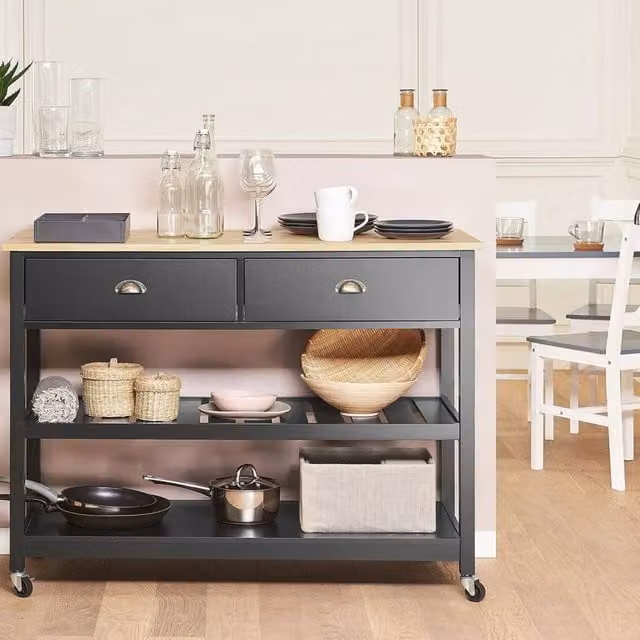 Wyld and Coco Nordic Scandinavian Kitchen Trolley in Black with Rubberwood Top, 2 Drawers and 2 Shelves