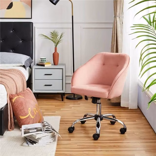 Kelvenix Modern Pink Velvet Upholstered Swivel Task Chair for Home Office and Makeup Vanity