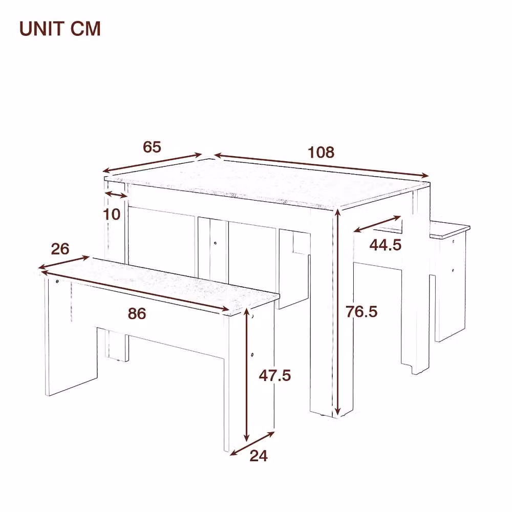 Rolipo Modern White Rectangular Dining Table and Benches Set with Composite MDF Material – 3