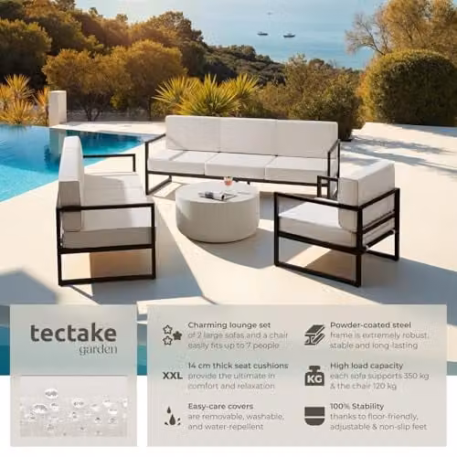 tectake Minimalist Garden Furniture Set with Two 3-Seater Outdoor Sofas and One Lounge Armchair, Featuring Powder-Coated Steel Frames and Upholstered Foam Cushions with Removable Covers – 2