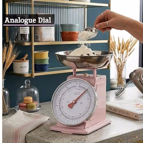 Premier Housewares Pink and Silver Retro Manual Kitchen Scale with Analogue Display, 5kg Capacity – 5