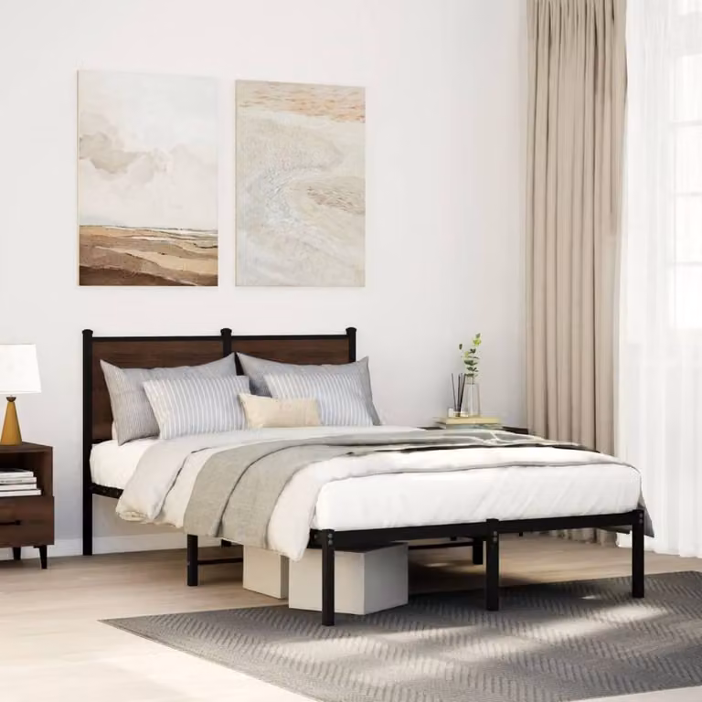 Berkfield Home Metal Bed Frame in Brown Oak, Small Double, W: 120 cm, L: 190 cm
