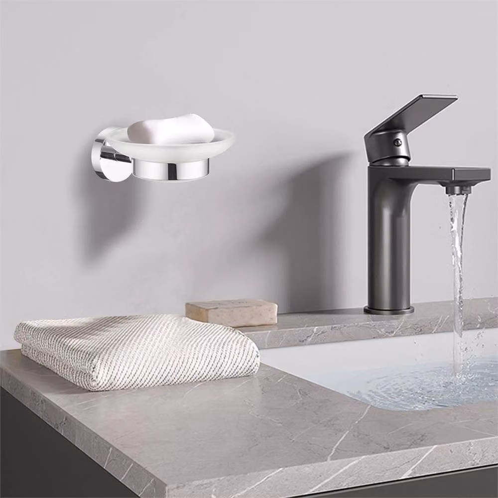 Havendro Wall Mounted Round Soap Dish Holder in White Glass and Chrome – 2