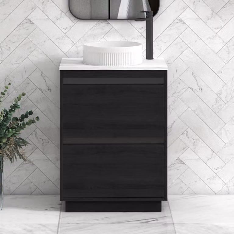 Orion Hale Black Floor Standing 2 Drawer Vanity Unit with Carrara White Countertop and Round Basin, Width: 80 cm