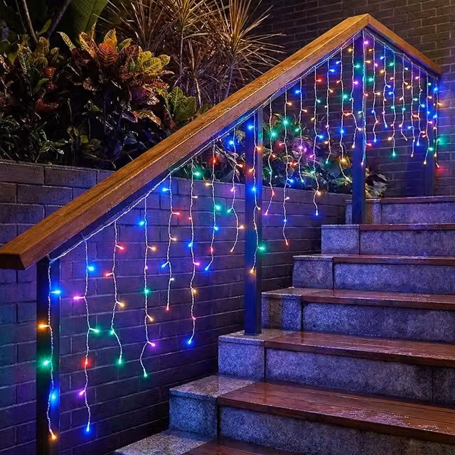 Living Star Solar Powered Multicolour LED Icicle String Lights with Remote Control, Black and Transparent