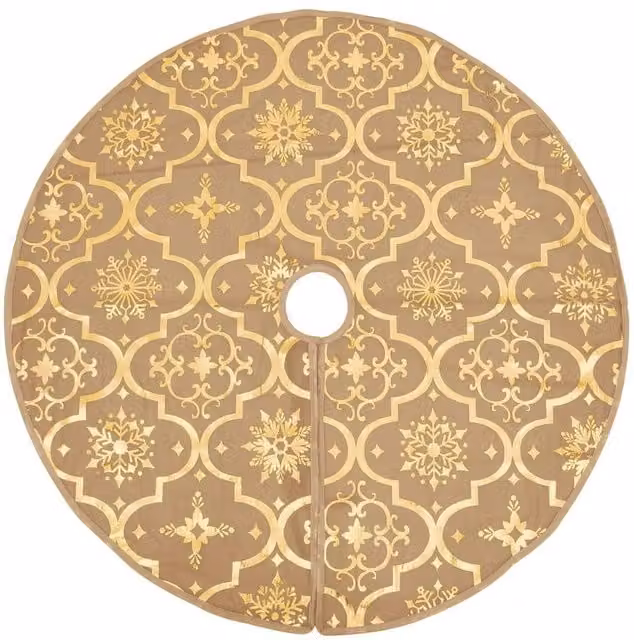 Berkfield Home Luxury Christmas Tree Skirt with Sock in Yellow, Beige and Gold, Diameter: 90 cm