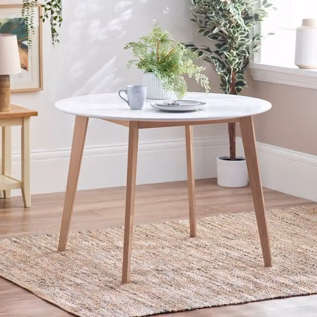 FurnitureboxUK Sofia Round Dining Table with White Matt Composite Top and Beech Wood Legs