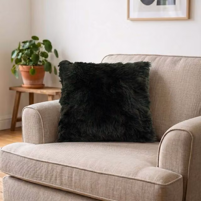Native Natural Green Sheepskin Square Cushion, W/D/H: 45 x 45 x 45 cm