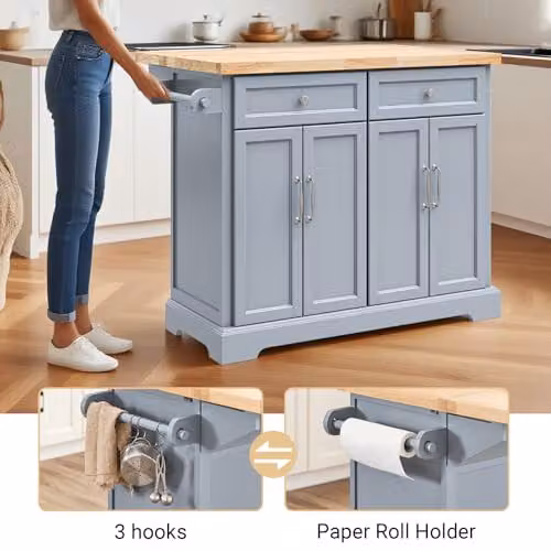 SoBuy Rolling Kitchen Island Storage Trolley with Extendable Rubber Wood Worktop and Drawers, Grey, W: 115 cm, D: 46-71 cm, H: 92 cm – 4