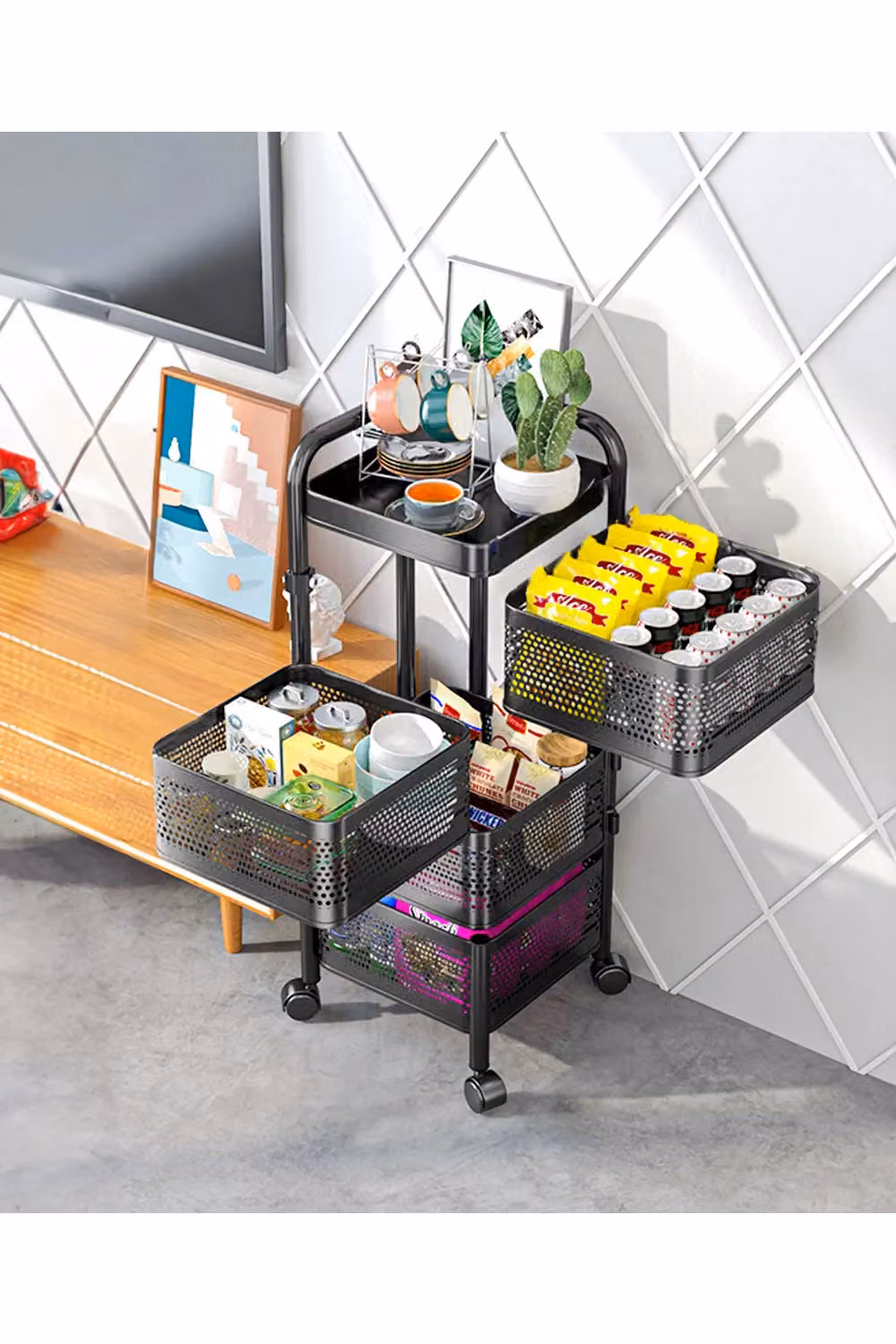 Living and Home 5-Tier Rotating Metal Storage Rack and Detachable Trolley Cart in Matt Black – 4