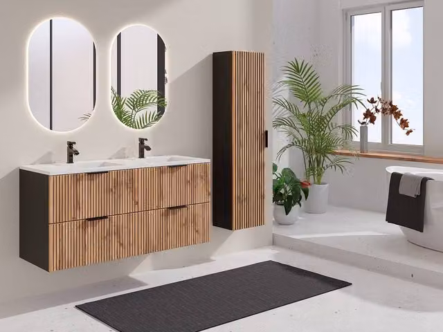 Vente-unique Ribbed Suspended Bathroom Vanity Unit and Tall Cabinet with Inset Basin and Column in Black – 1