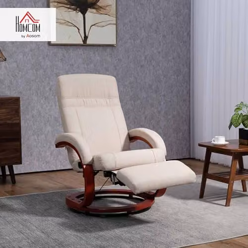 HOMCOM 360 Swivel Recliner Chair with Ottoman and Solid Wood Frame, Manual Fabric Armchair in Beige – 2