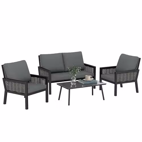 Outsunny 4 Seater Rattan Garden Furniture Set in Grey with Coffee Table, 2 Seater Sofa, and Lounge Armchairs