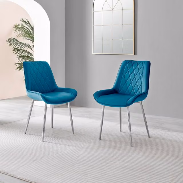 FurnitureboxUK Pesaro Blue Velvet Dining Chairs with Silver Metal Legs, Set of 2