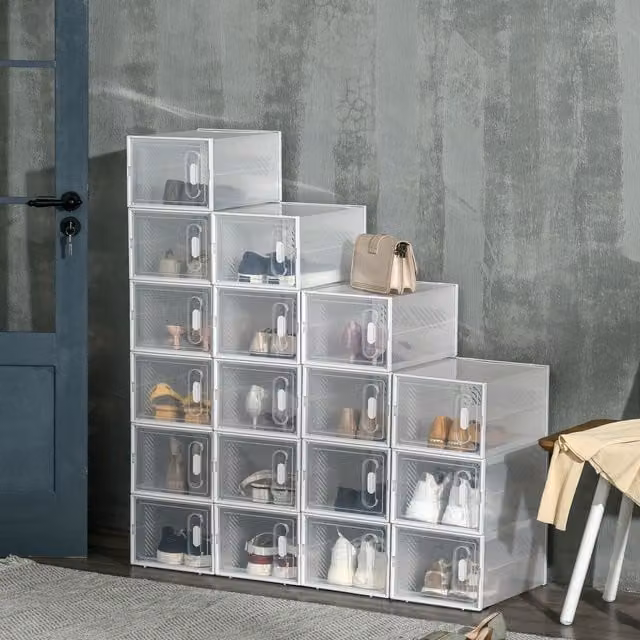 HOMCOM 18-Piece Stackable Shoe Storage Cabinet, White and Transparent Plastic Cube Organiser, W/D/H: 35 x 19 x 35 cm