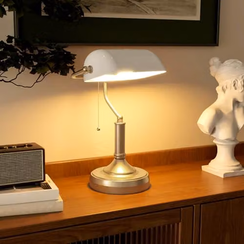 HOMCOM Vintage Banker's Table Lamp with Glass Shade in White and Bronze – 3