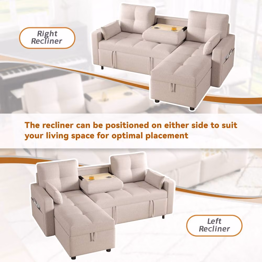 FENCHILIN Reversible L-Shape Sofa Bed with Pull-out Sleeper and Cup Holder, Beige, W/D/H: 140 x 190 x 87 cm – 3