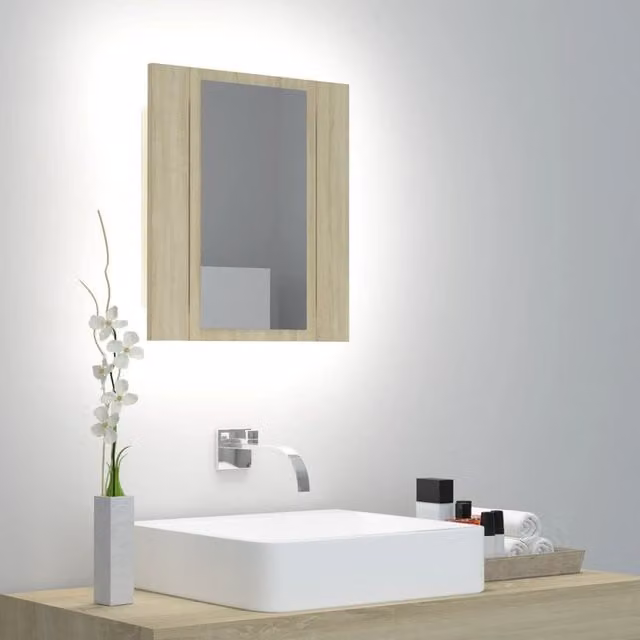 Berkfield Home LED Bathroom Mirror Cabinet in Sonoma Oak Brown, W/D/H: 40 x 12 x 45 cm