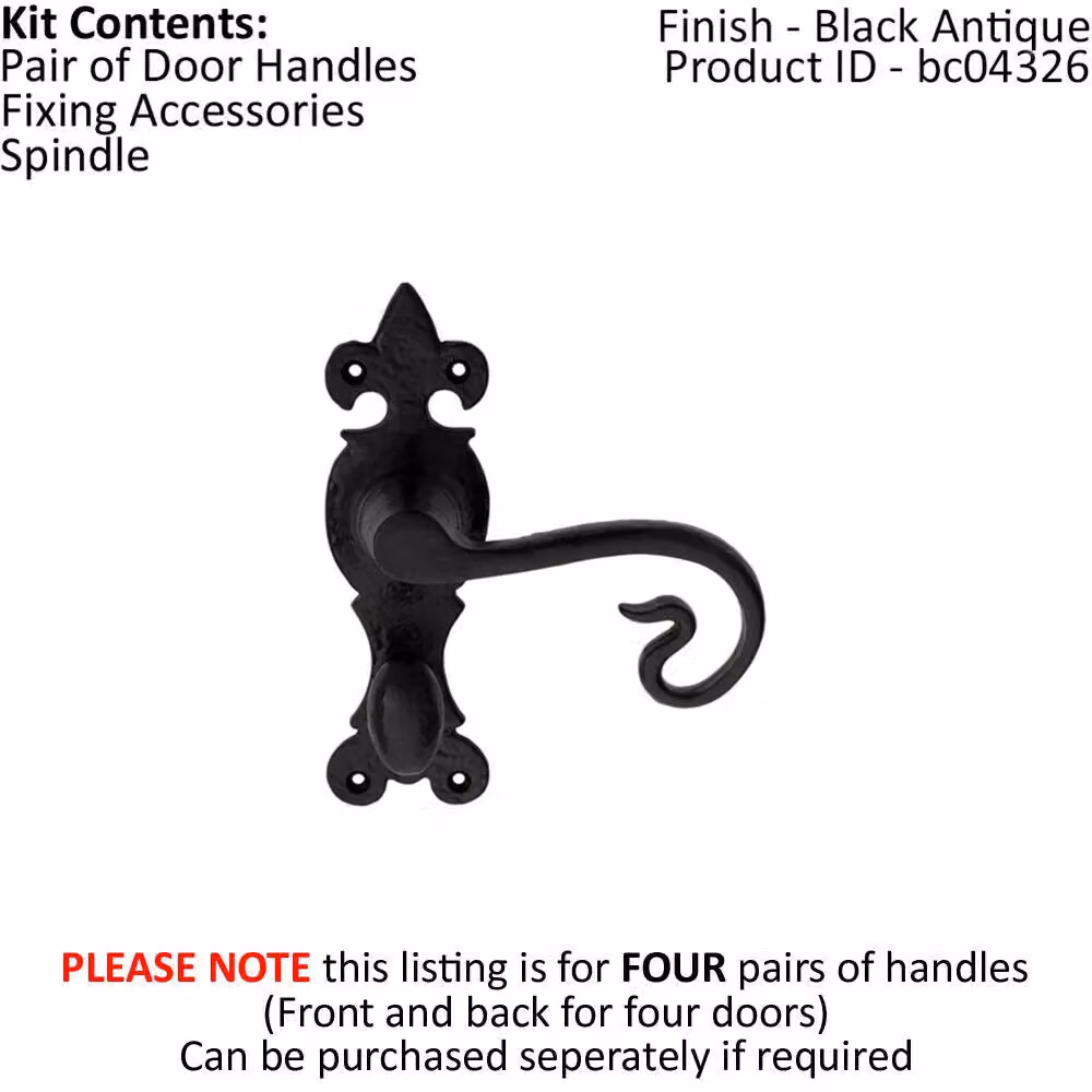 Loops 4 Pairs of Forged Curled Bathroom Handles on Backplate, Black Antique, 167 x 51 mm – 2