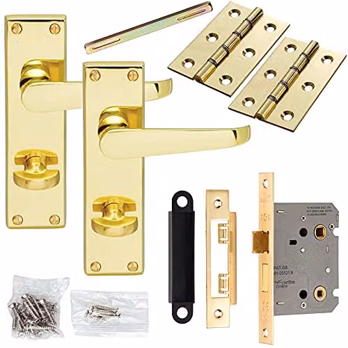 Loops Brass Victorian Door Handle and Bathroom Lock Pack with Flat Thumb Turn Backplate