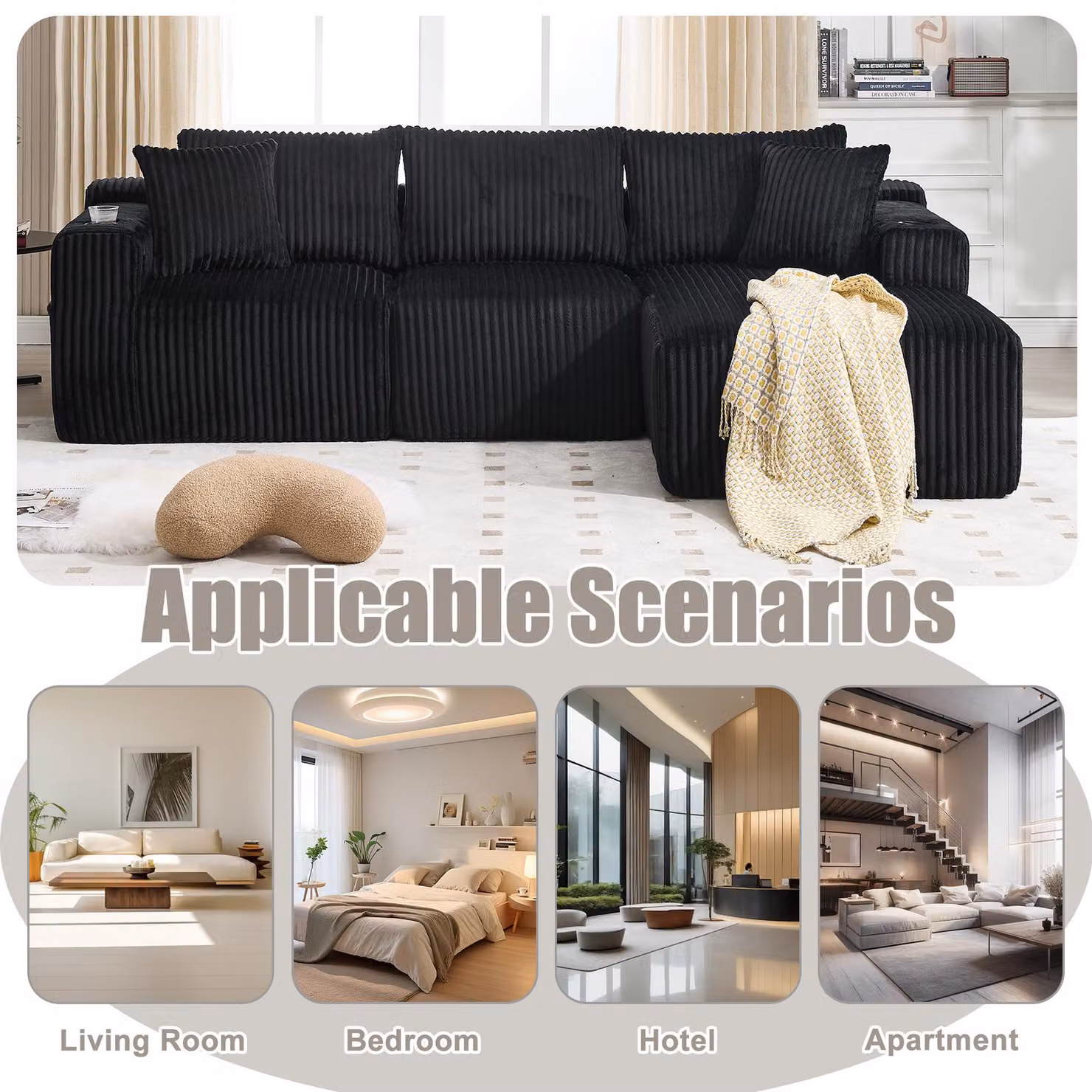 Aosom UK Modular L-Shaped Sectional Sofa in Black Corduroy with Deep Seats and Reversible Design, W/D/H: 160 x 257 x 80 cm – 4