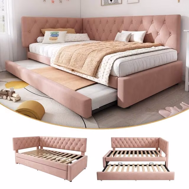 BTM Pink Velvet Daybed with Pull-Out Trundle for Adults and Children, W/D/H: 190 x 90 x 83 cm – 1