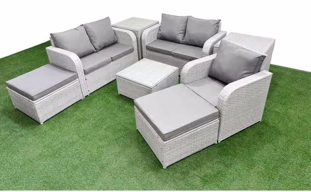 Fimous High Back Poly Rattan Garden Furniture Set in Light Grey with Reclining Chairs, 2-Seater Sofa, Coffee Table and Ottoman
