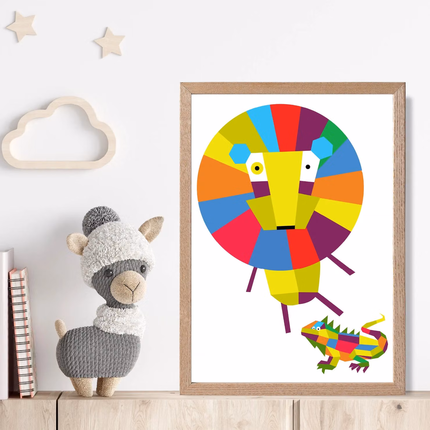 ARTZE Lion Bright Geometric Animal Framed Print, Multicolour, Oak Frame, A2 – 2