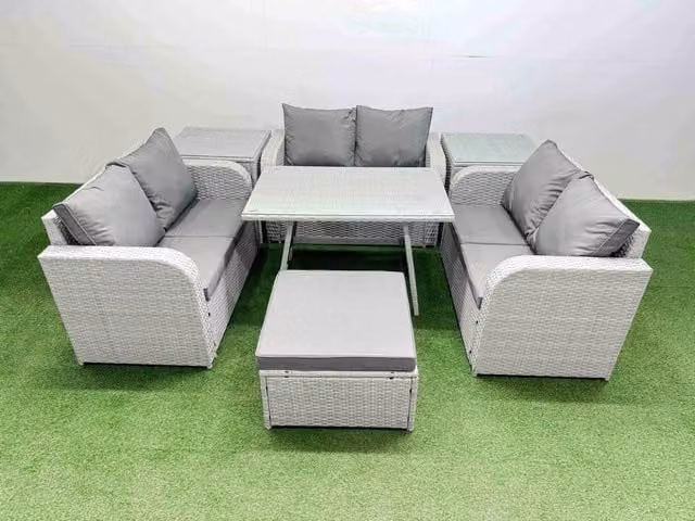 Fimous 7-Seater Patio Set with Rectangular Table, Love Sofa and 2 Side Tables in Light Grey