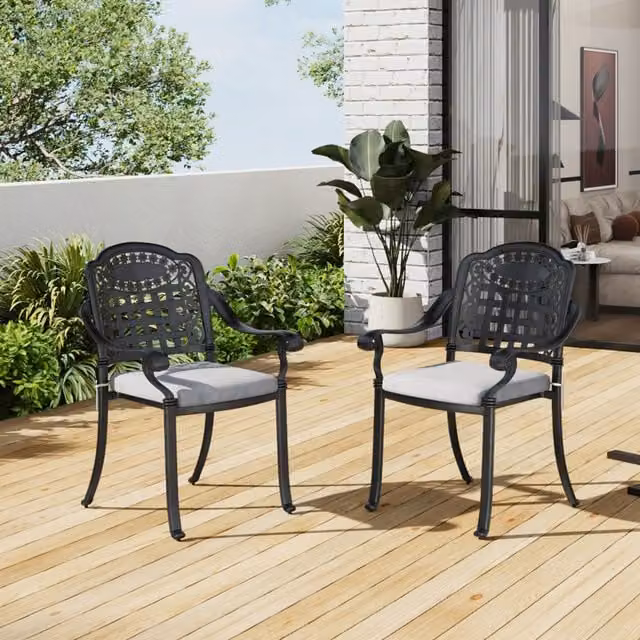 Breeins Set of 2 Matt Black and Grey Metal Garden Chairs with Geometric Cushions