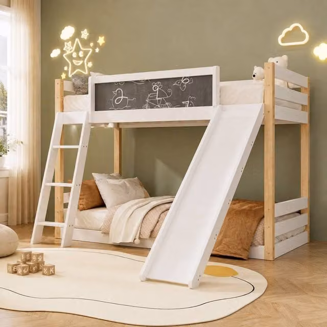 STILVORA Single Bunk Bed with Slide, Storage Stairs and Side Compartments, White