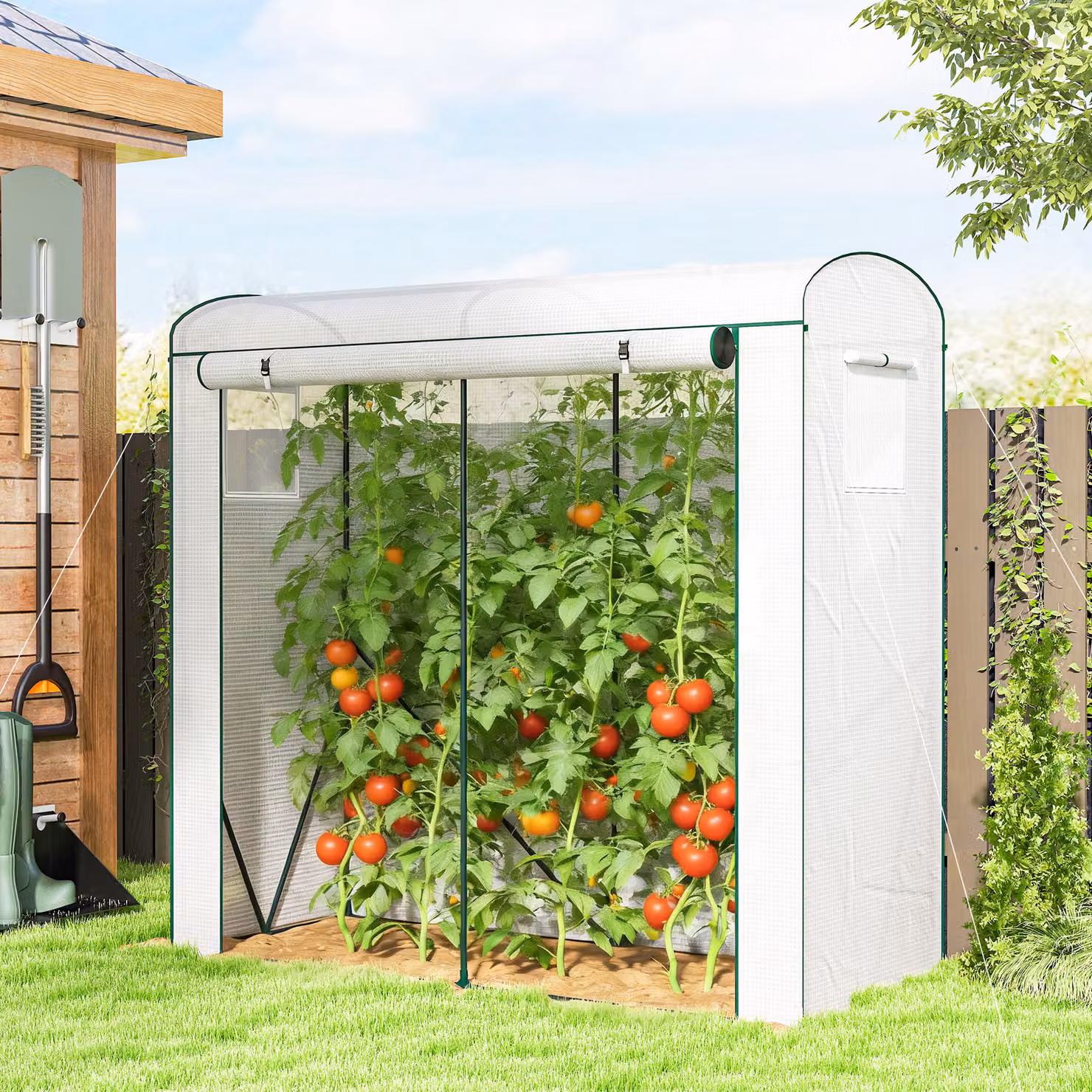 Outsunny Mini Greenhouse in White with Roll-Up Door and Mesh Windows, H x W x D: 188 x 75 x 200 cm – 2