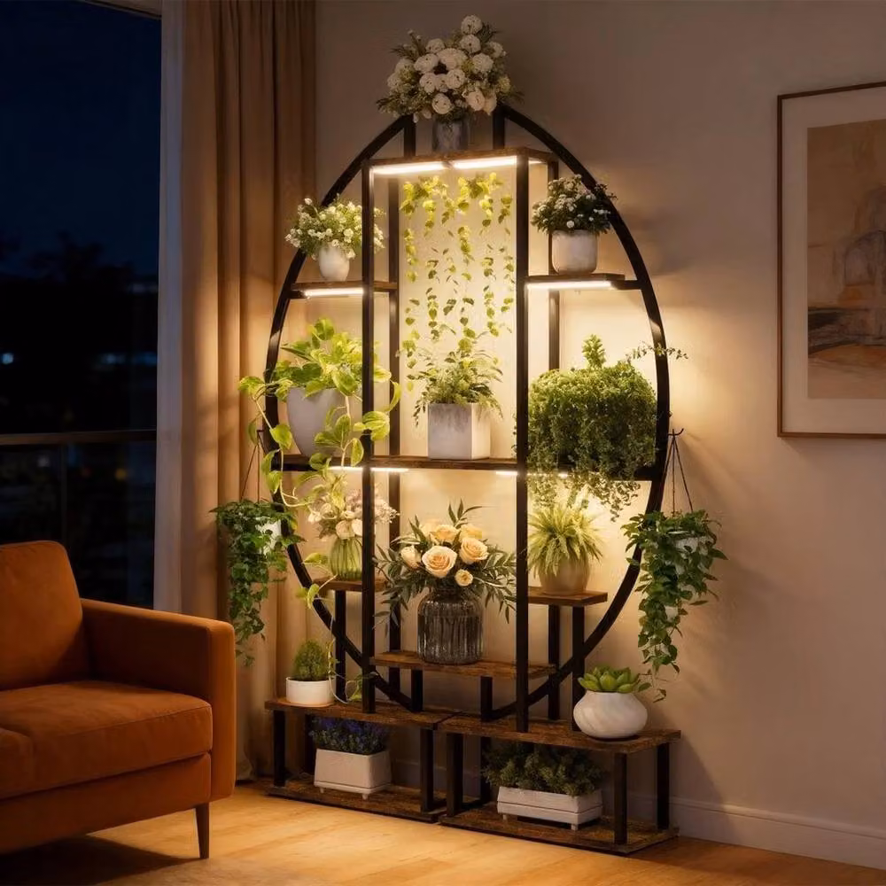EONLION XL Brown Metal Plant Stand with Integrated Grow Lights and Flower Shelf – 3