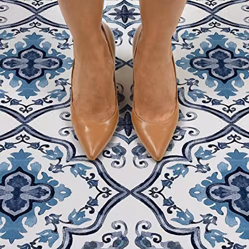 FloorPops Blue Moroccan Geometric Self-Adhesive Tile-Look Floor Tiles – 4