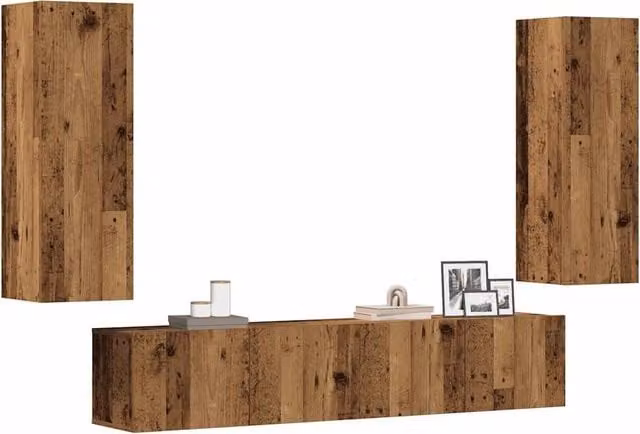 Berkfield Home Set of 4 Wall Mounted Modern TV Cabinets in Brown Old Wood Finish – 1