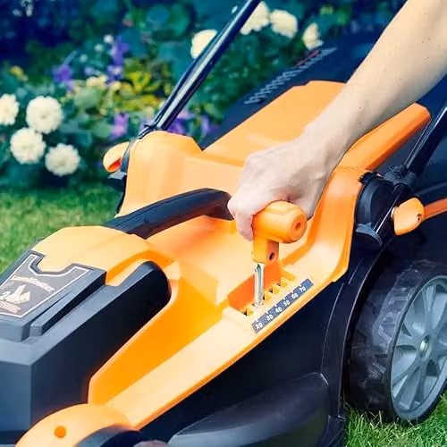 LawnMaster MX 24V 37cm Cordless Lawnmower in Orange with Spare Battery, Quick Charger, Collection Bag and Mulching Kit – 6