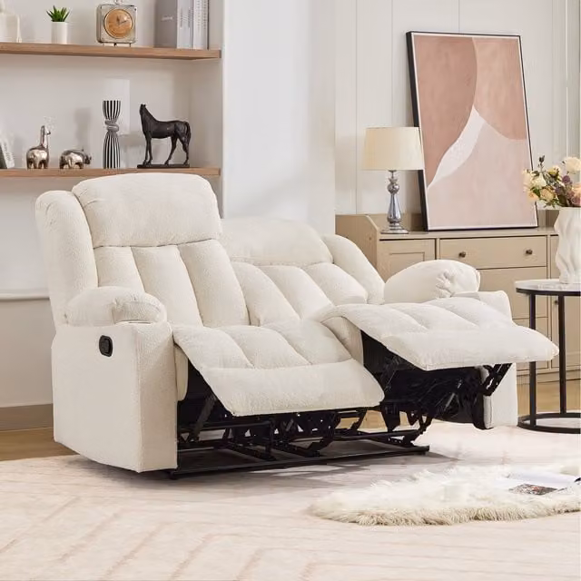 Artemis Home Lovell 2 Seat Manual Recliner Sofa with Cup Holders in White Bouclé Fabric