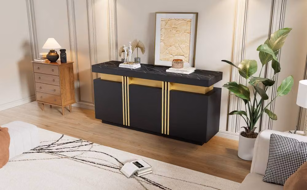 Matteo Modern Black and Gold Buffet Cabinet with Integrated Lighting and Faux Marble Top – 3