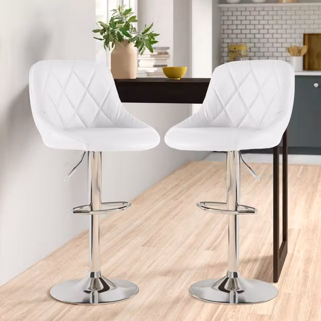 Neo Set of Two White Faux Leather and Metal Adjustable Barstools