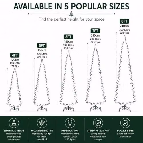 Shatchi Green Slim Pencil Artificial Christmas Tree with Cool White LEDs and Metal Stand, Height: 2.4 m – 7