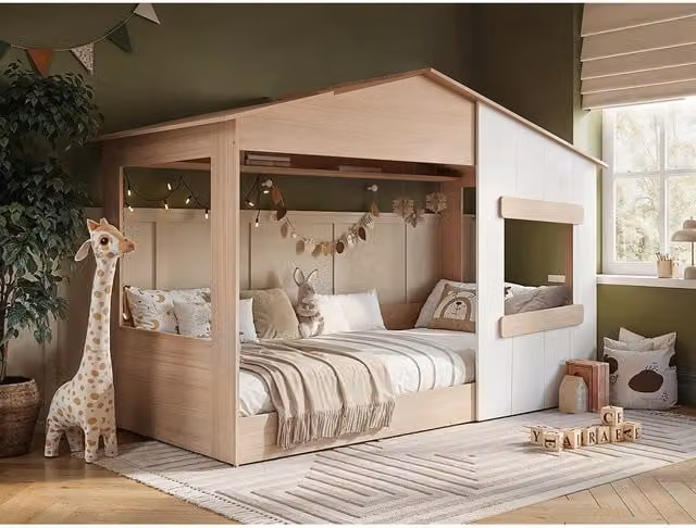 Dreamland Flair Scandinavian Childrens House Bed in Brown Oak Solid Wood