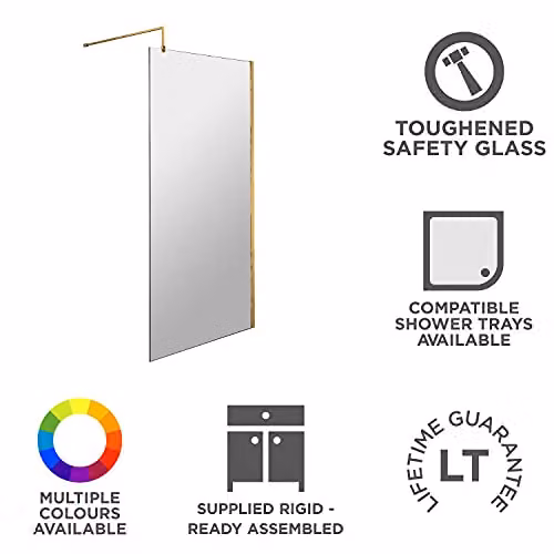 nuie WRSCBB090 Modern Walk-In Wetroom Screen with Support Bar, 8mm Toughened Safety Glass, Clear, Brushed Brass, Width: 90 cm