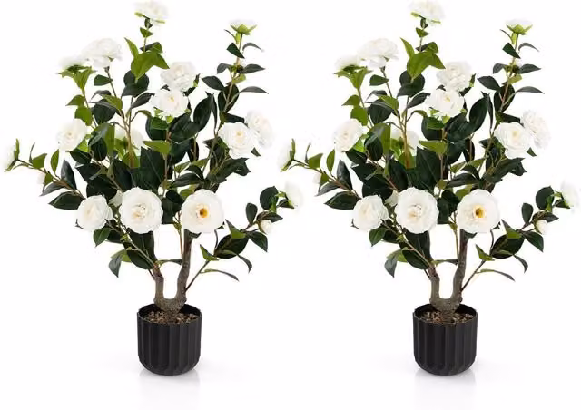 Costway 2 Pack White and Green Artificial Camellia Tabletop Tree Faux Floral Plant
