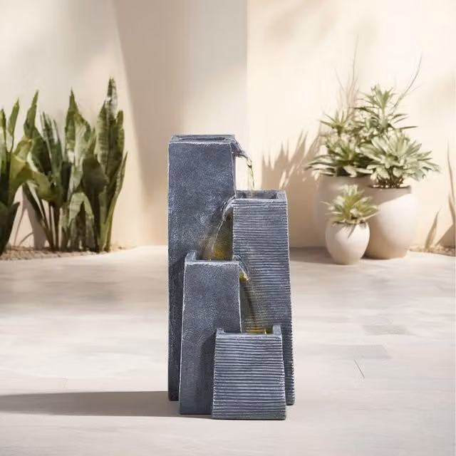 Lifeideas Modern 4 Tier Solar Cascade Water Fountain with LED Lights in Grey
