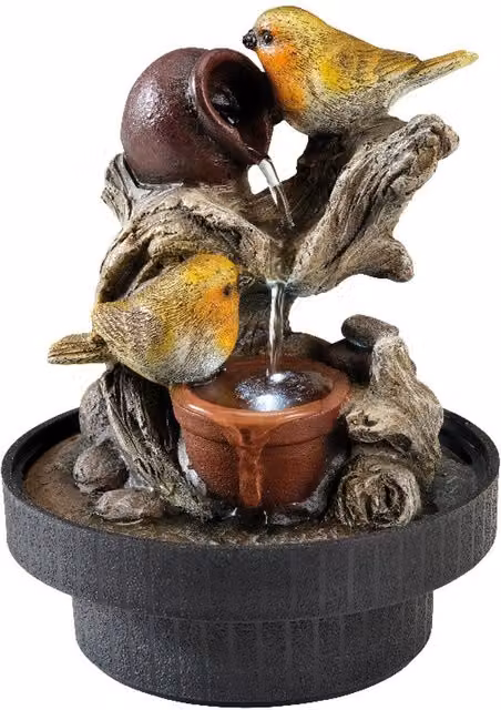 Lumineo Small Robin Garden Water Fountain with LED, Grey and Brown, H 23 cm x W 18 cm x D 18 cm