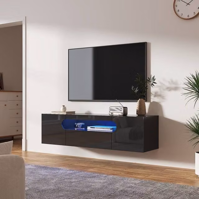 KEEPREAPER Sleek Floating TV Stand with LED Light and Storage Cabinet in Black – 1